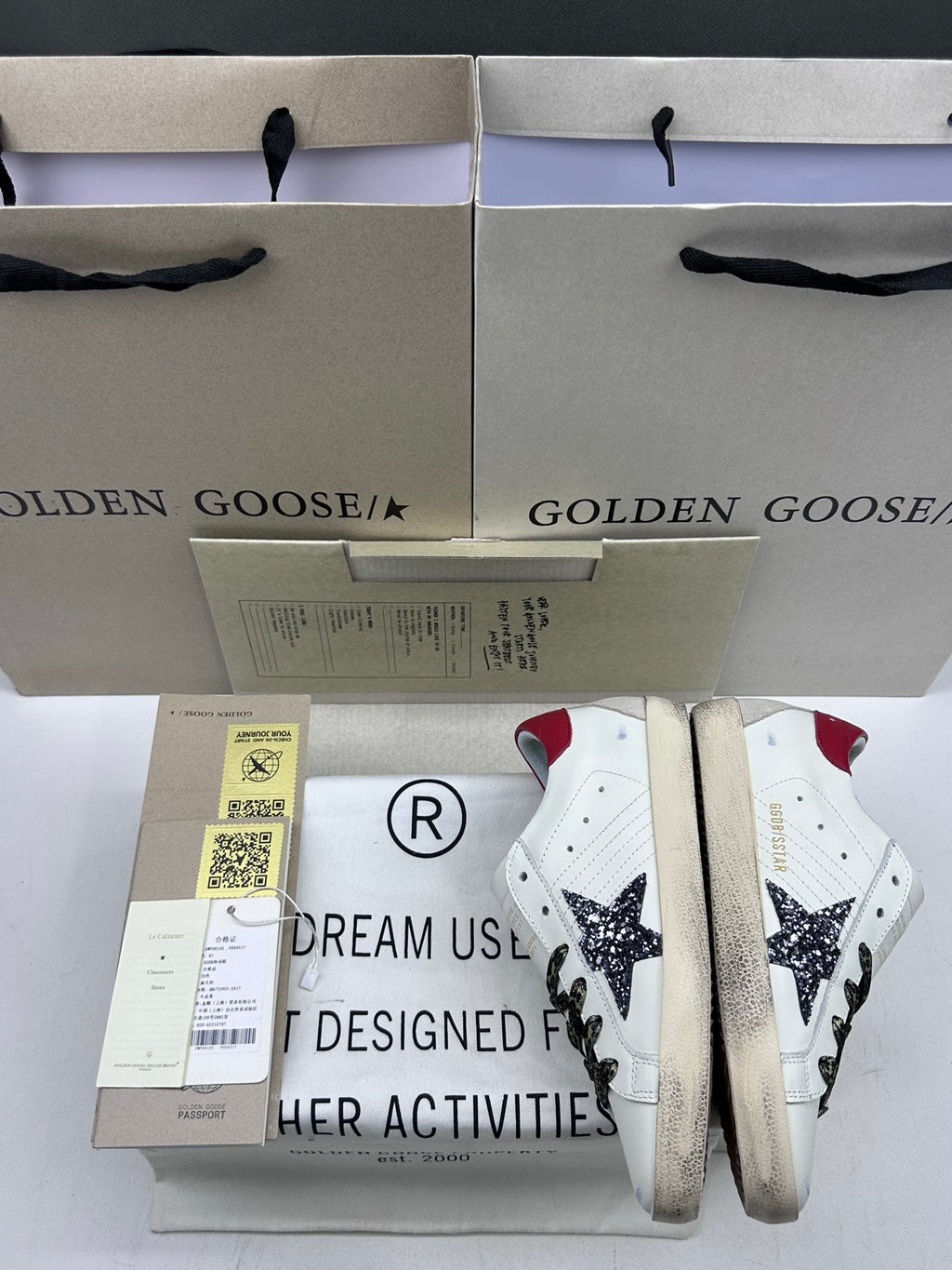 Golden Goose Super-Star 'Black Glitter Star/Red Leather Heel Tab'