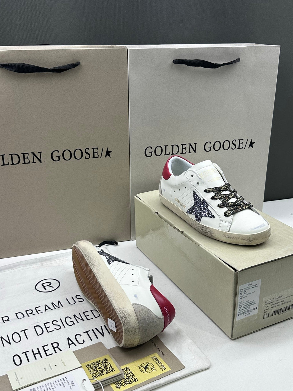 Golden Goose Super-Star 'Black Glitter Star/Red Leather Heel Tab'