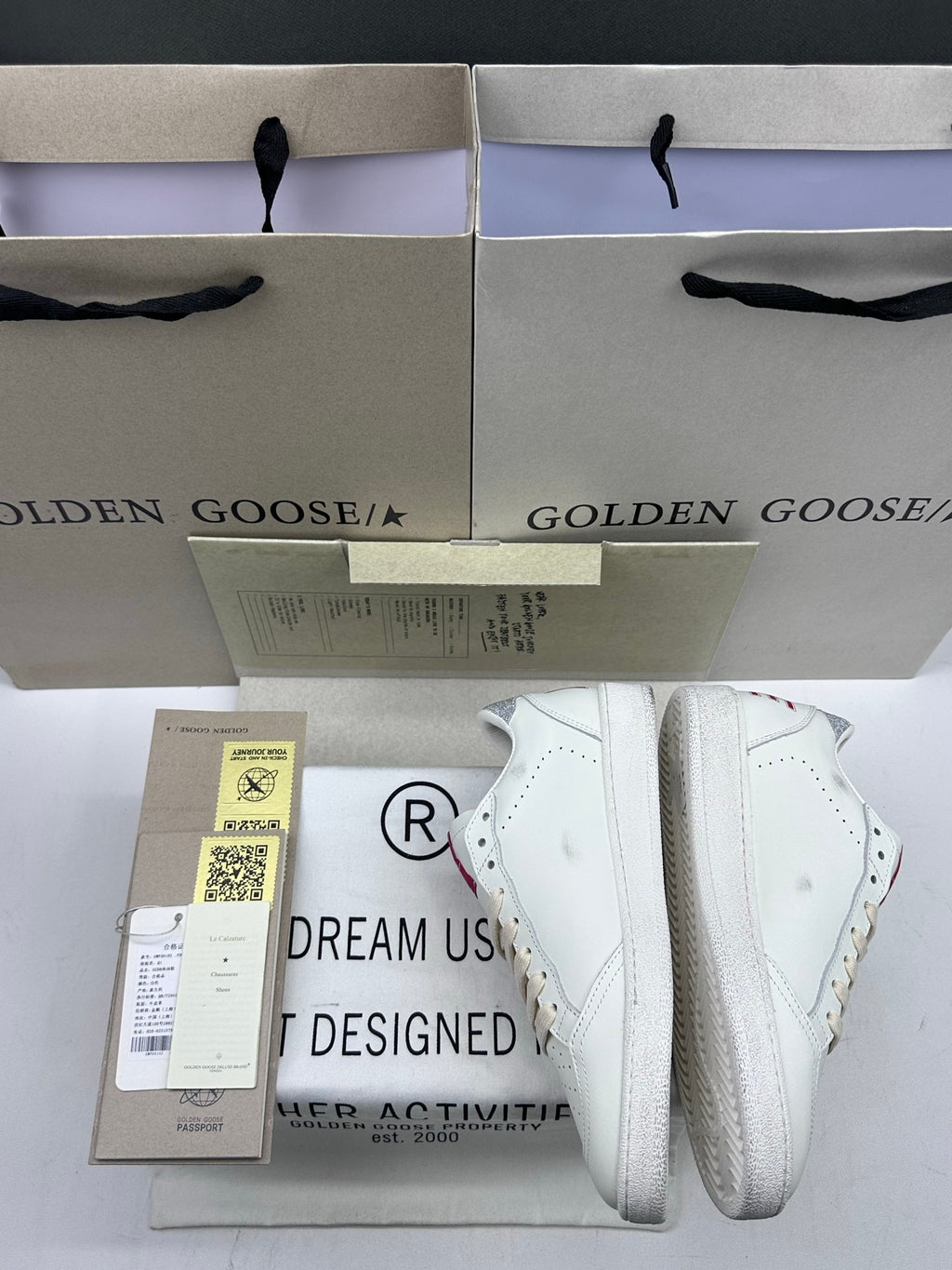 Golden Goose Ball-Star 'White Leather Star/Silver Glitter Heel Tab'