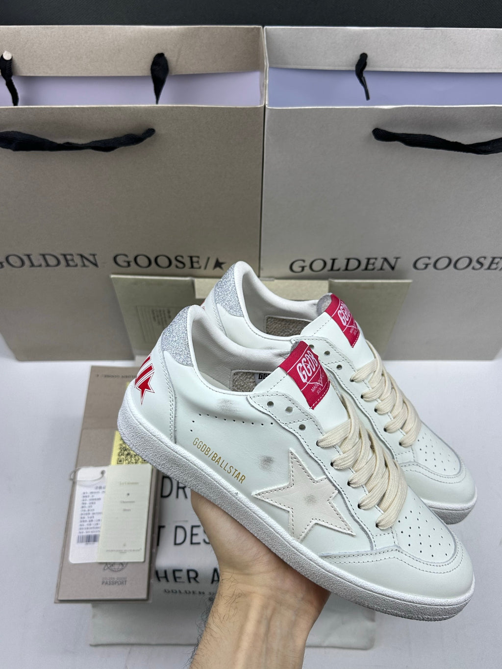 Golden Goose Ball-Star 'White Leather Star/Silver Glitter Heel Tab'
