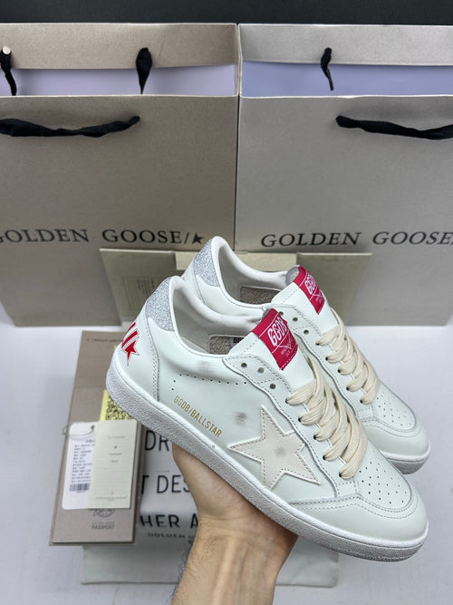 Golden Goose Ball-Star 'White Leather Star/Silver Glitter Heel Tab'
