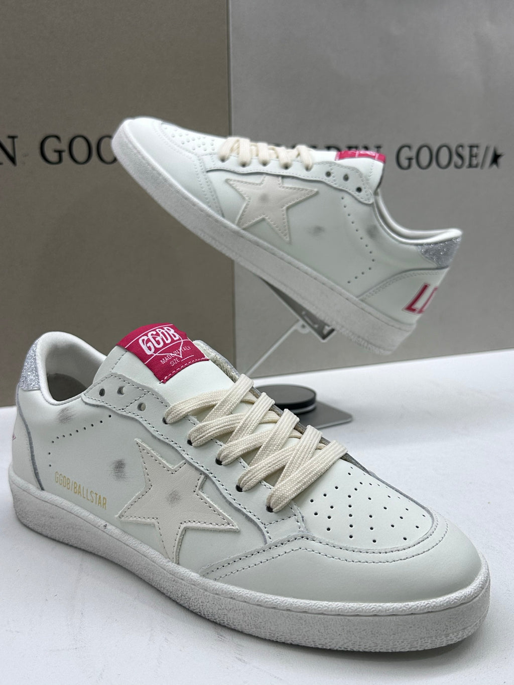 Golden Goose Ball-Star 'White Leather Star/Silver Glitter Heel Tab'
