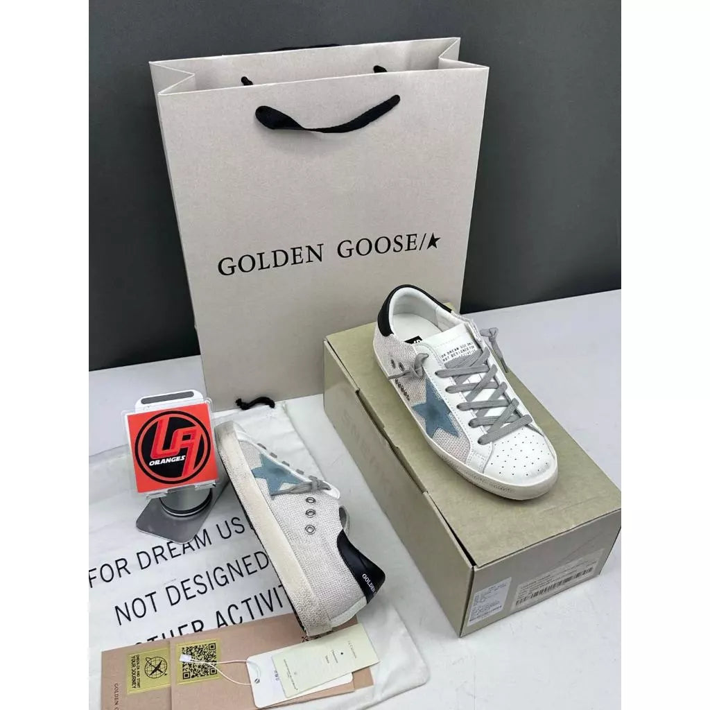 Golden Goose Super-Star 'White Mesh Light Blue Suede Star/Leather Black Heel Tab'