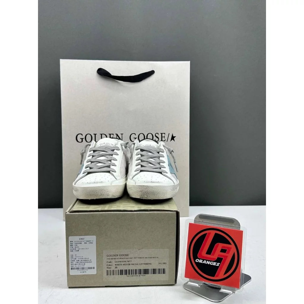 Golden Goose Super-Star 'White Mesh Light Blue Suede Star/Leather Black Heel Tab'