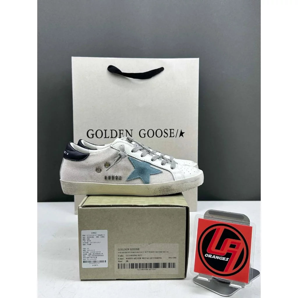 Golden Goose Super-Star 'White Mesh Light Blue Suede Star/Leather Black Heel Tab'