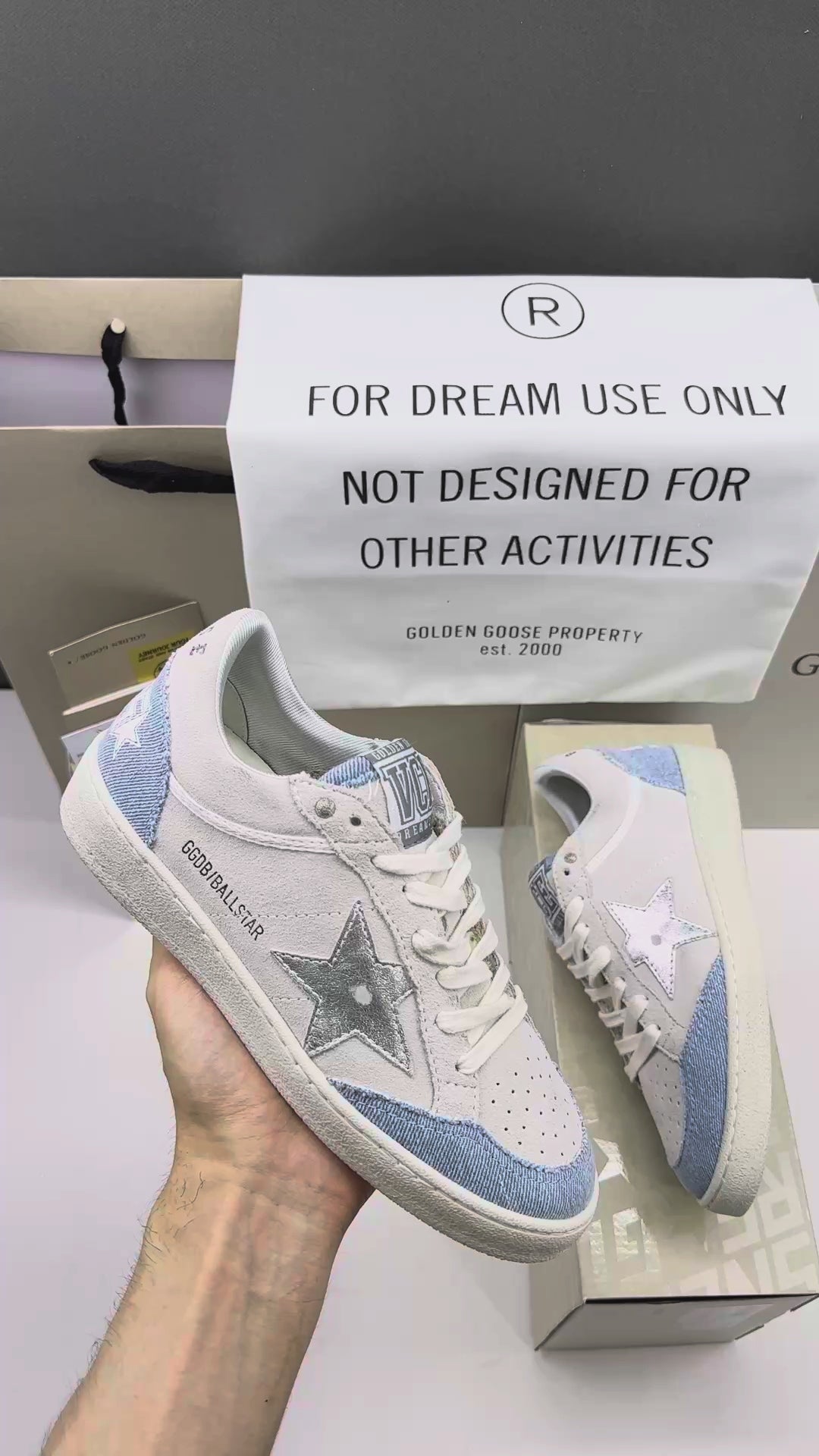 Golden Goose Ball-Star 'Light Grey Suede with Denim Blue and Metallic Silver Star'