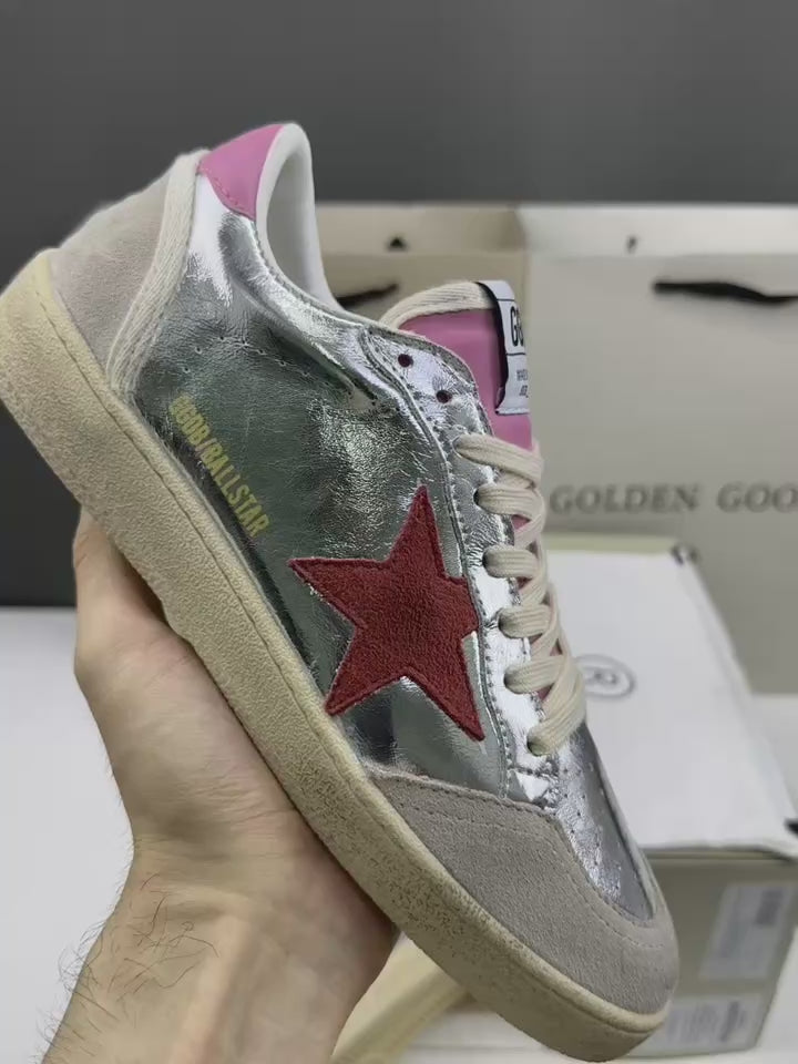 Golden Goose Ball-Star 'Silver Red Suede Star/Pink Heel Tab'