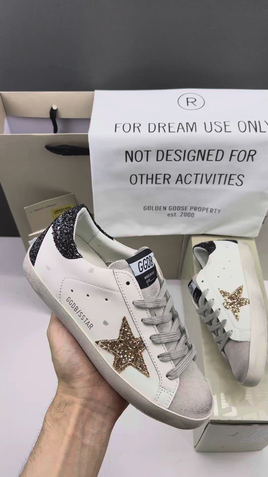 Golden Goose Super-Star 'Gold Glitter Star/Black Glitter Heel Tab'