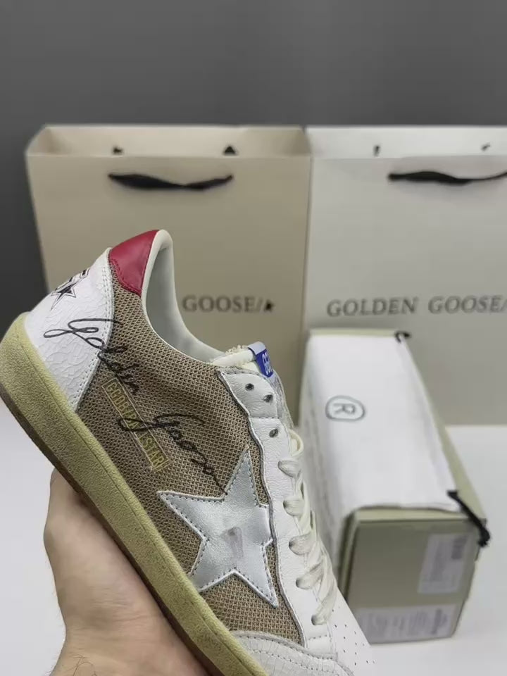Golden Goose Ball-Star 'Beige Mesh Silver Star/Red Heel Tab'