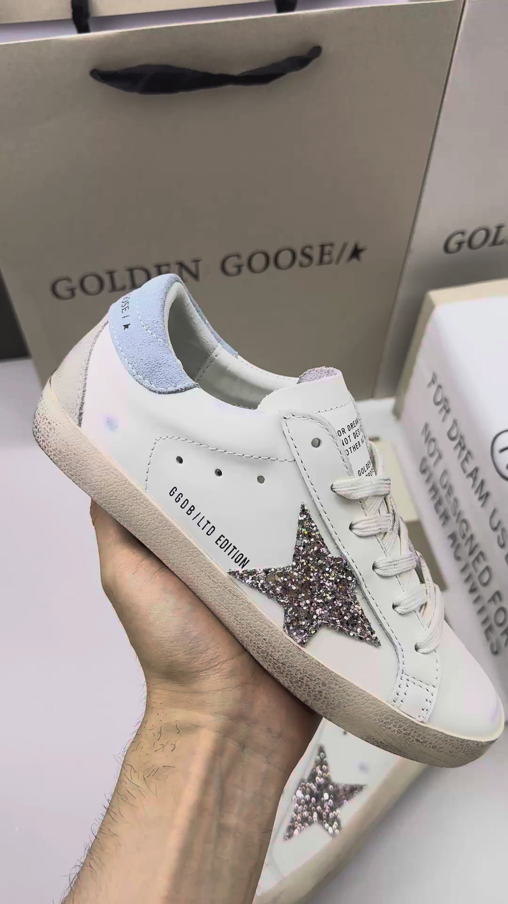 Golden Goose Super-Star 'Silver Glitter Star/Light Blue Suede Heel Tab'
