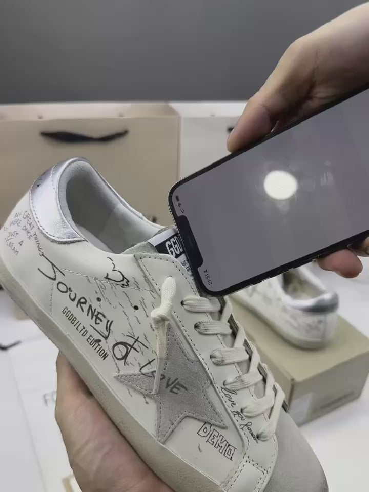 Golden Goose Super-Star 'White Leather With Graffiti Text Grey Star/Silver Tab'
