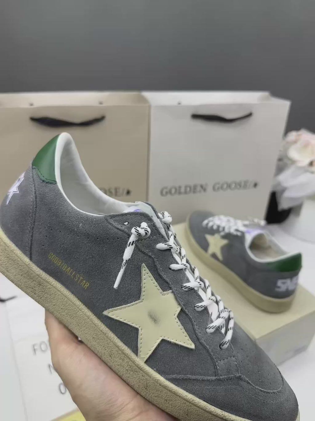 Golden Goose Ball-Star 'Grey Suede Cream Star/Green Tab