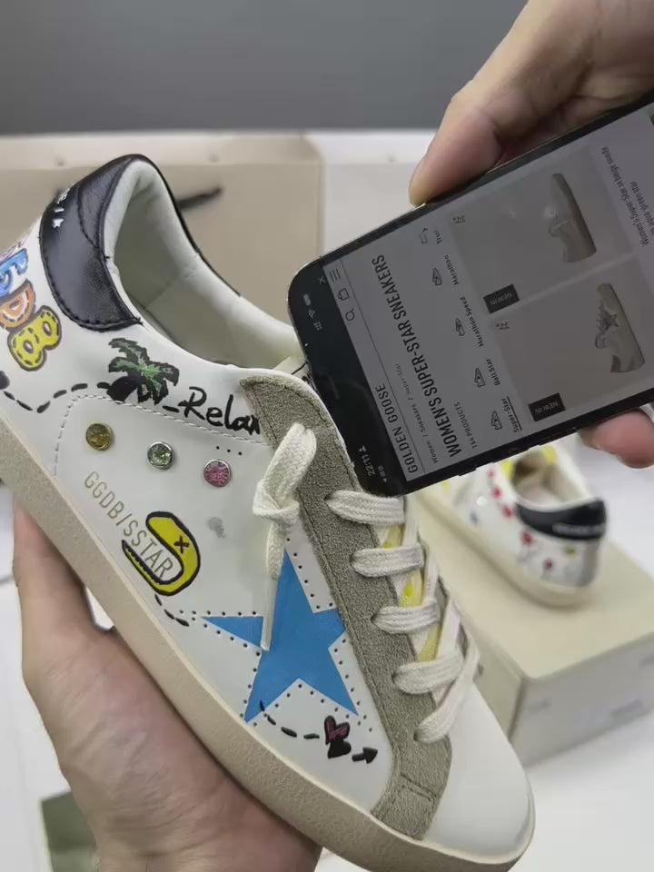 Golden Goose Super-Star 'White Leather With Graffiti Doodles Blue Star/Black Tab'