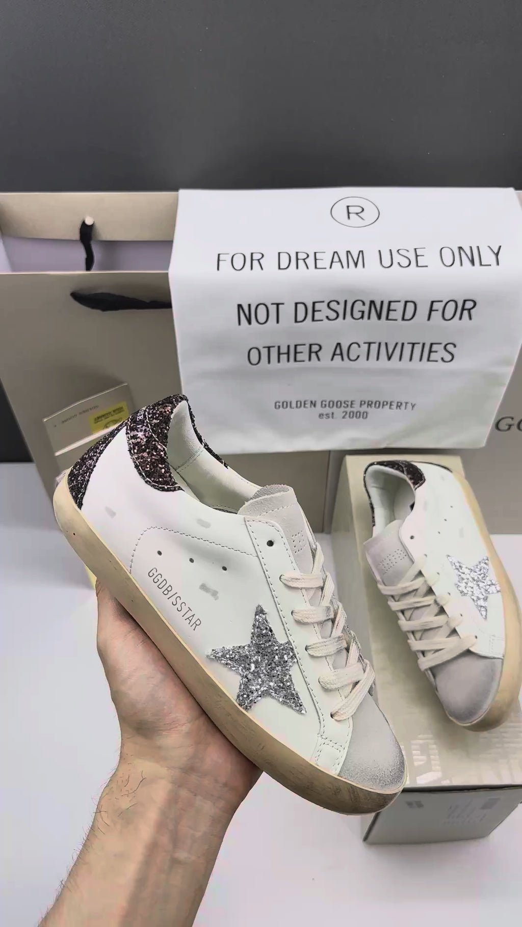 Golden Goose Super-Star 'Silver Glitter Star/Brown Glitter Heel Tab'
